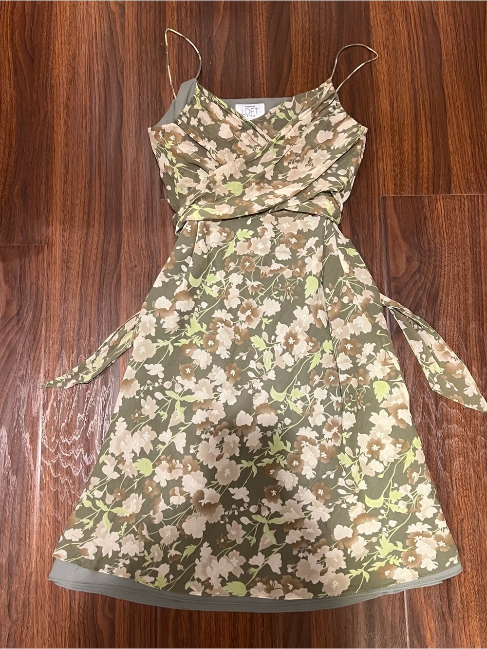LOFT Olive fairy whimsical coquette silk Midi Dress with floral design